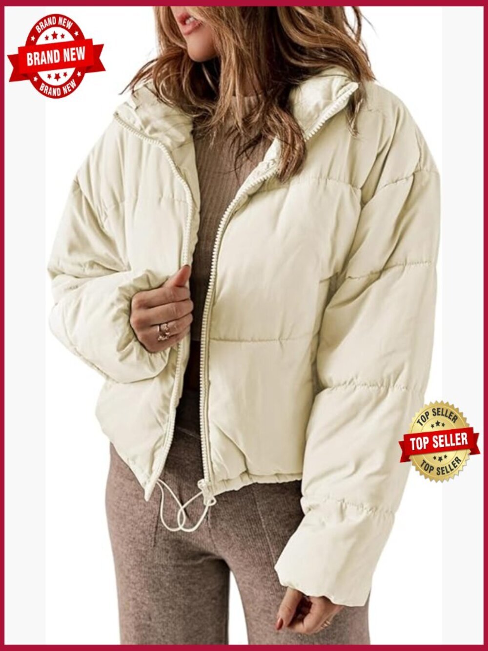 Quilted Puffer Jacket Full Zip Long Sleeve Pockets Loose Fit Winter Coat